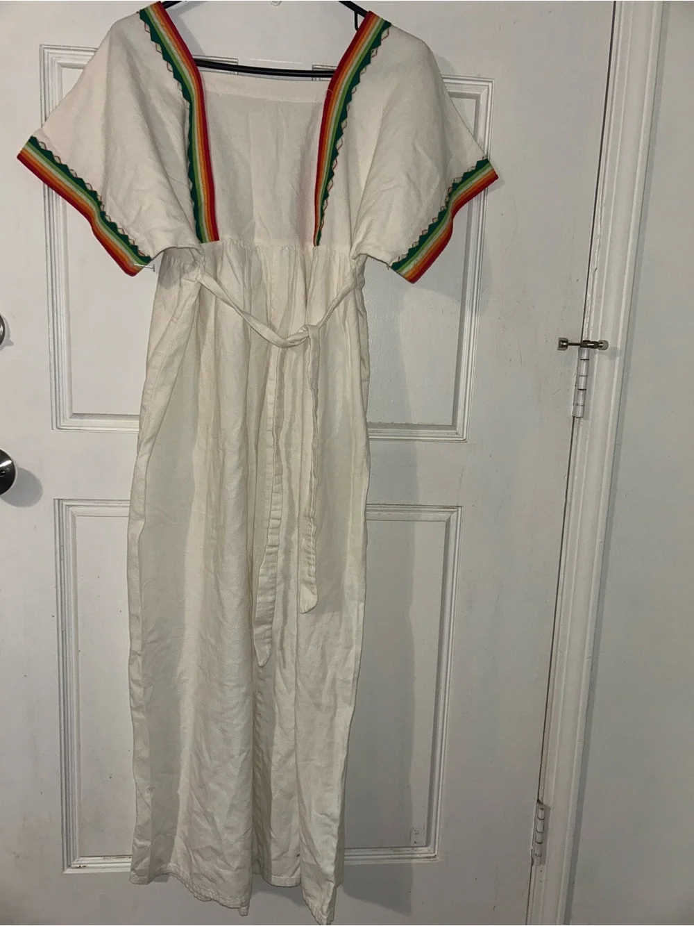 White Embroidered Mexican-Style Girls' Dress with Rainbow Trim
